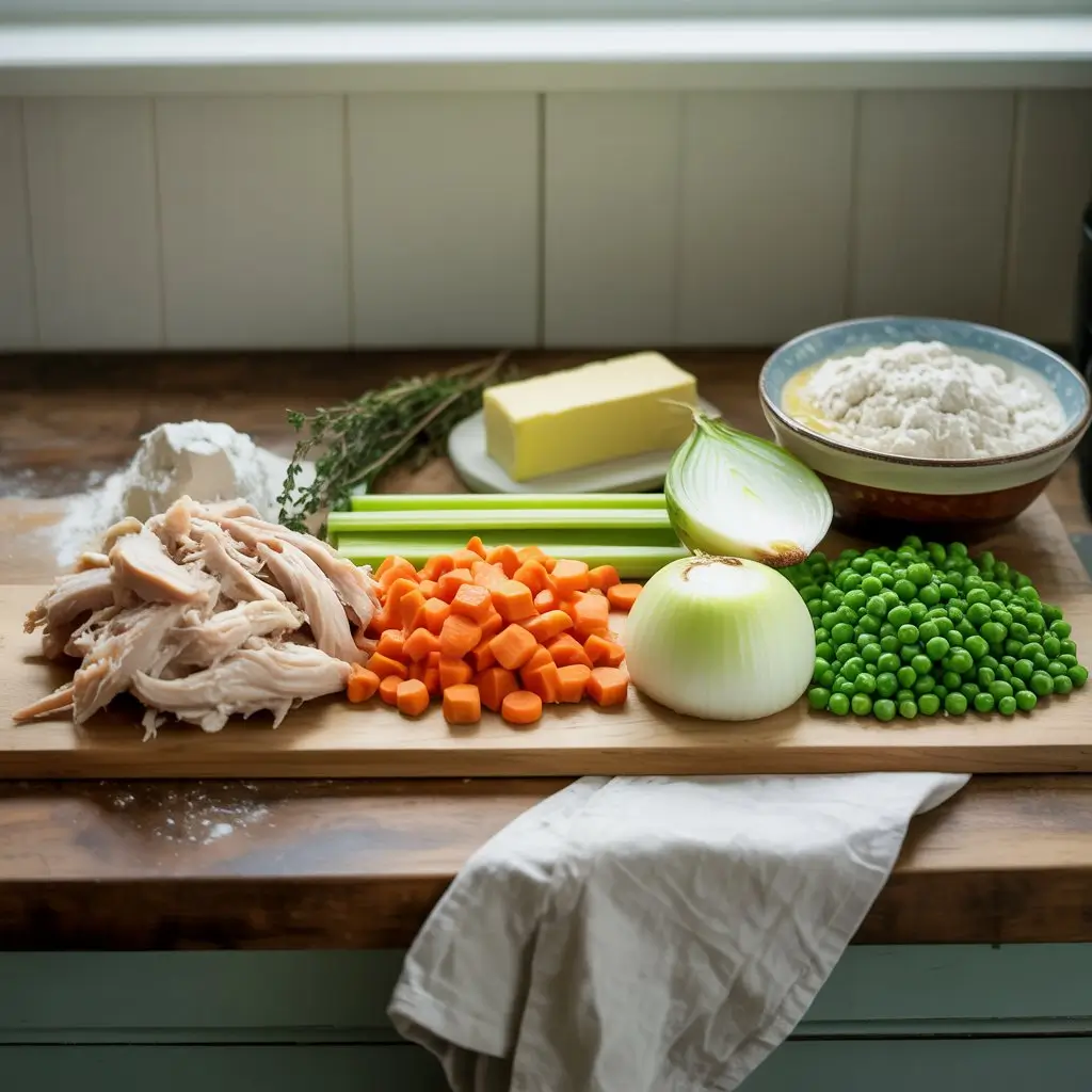 Array of fresh ingredients for chicken cobbler, including chicken, vegetables, butter, flour, and herbs, laid out on a kitchen counter.