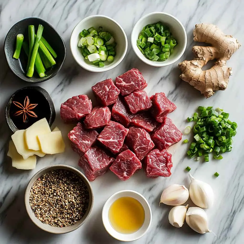 Alt text: "Fresh ingredients for Chinese braised beef including cubed beef, ginger, green onions, star anise, garlic, and aromatics arranged on marble surface