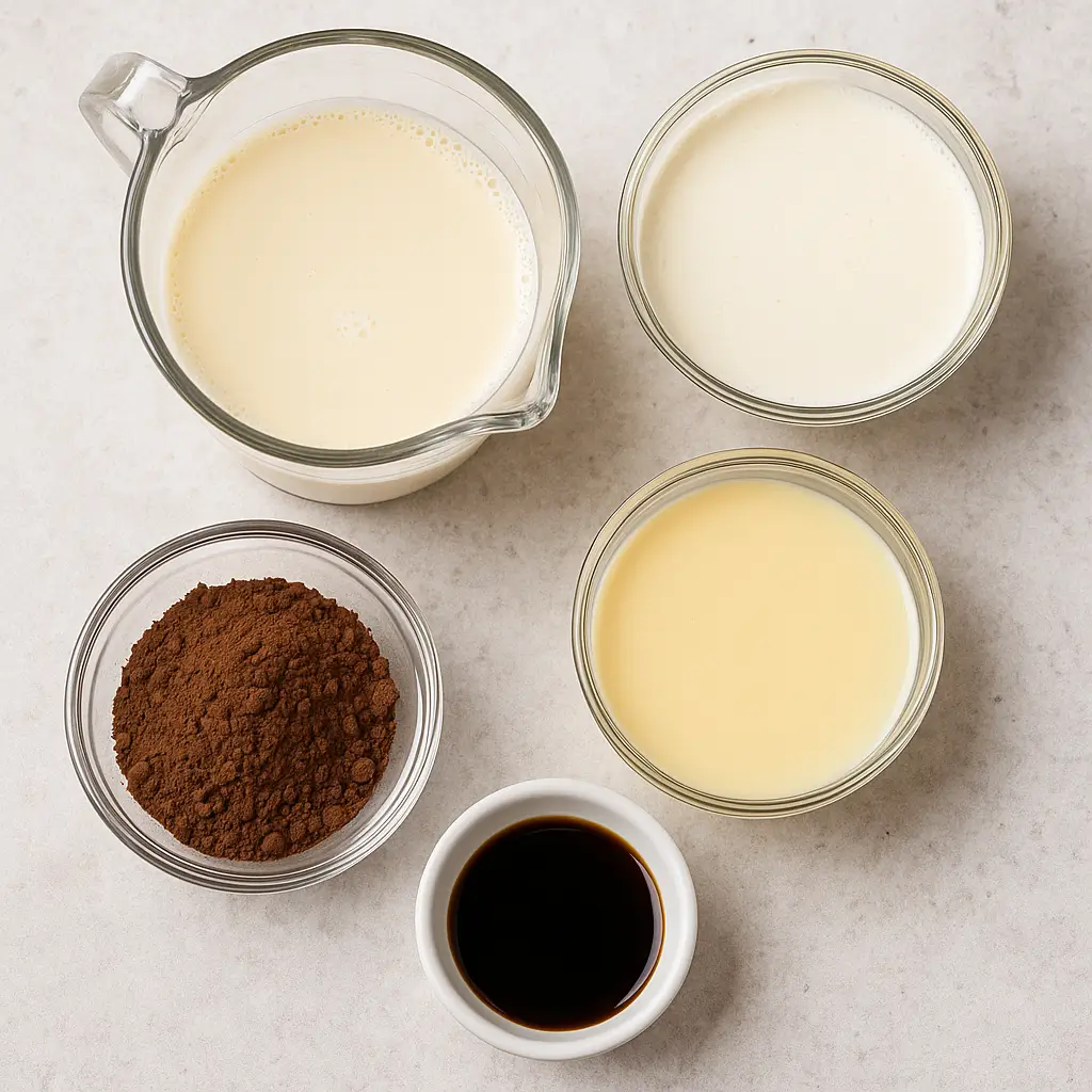 Chocolate Tres Leches Cake ingredients arranged on a kitchen counter in small glass bowls.