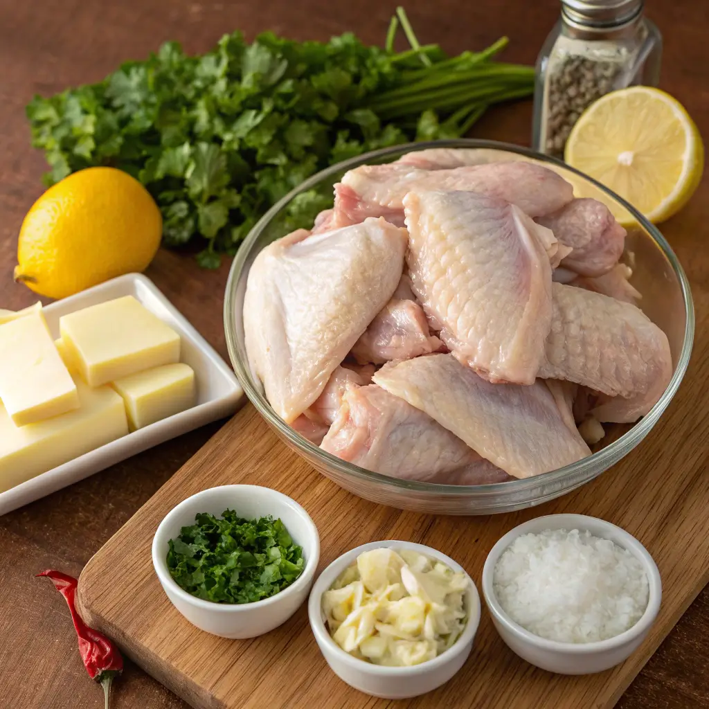 Fresh raw chicken wings with bowls of softened butter, minced garlic, fresh herbs, lemon, and spices arranged for cowboy butter chicken wings recipe preparati