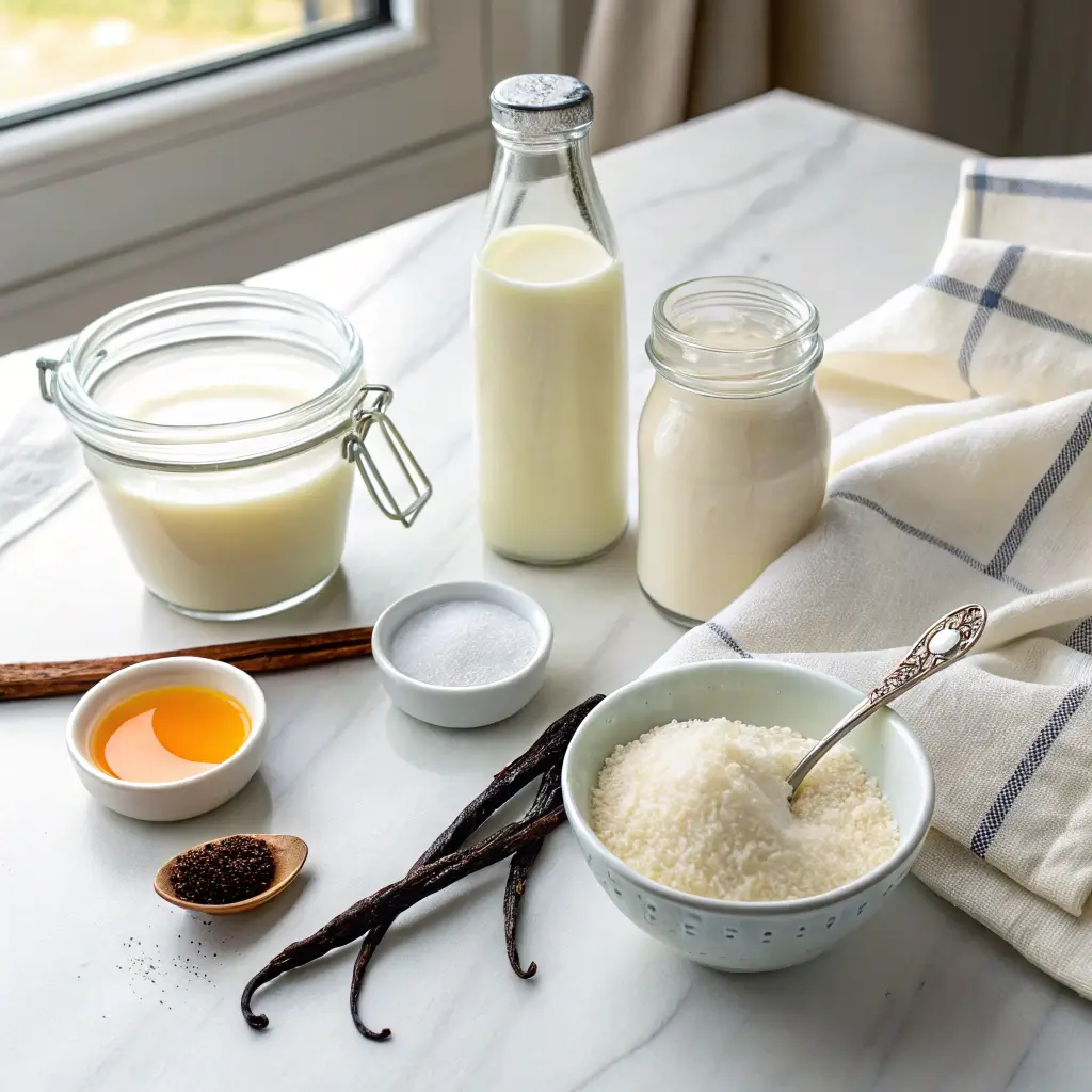 Five essential ingredients for homemade vanilla ice cream — heavy cream, whole milk, sugar, real vanilla, and sea salt arranged neatly on a kitchen counter.