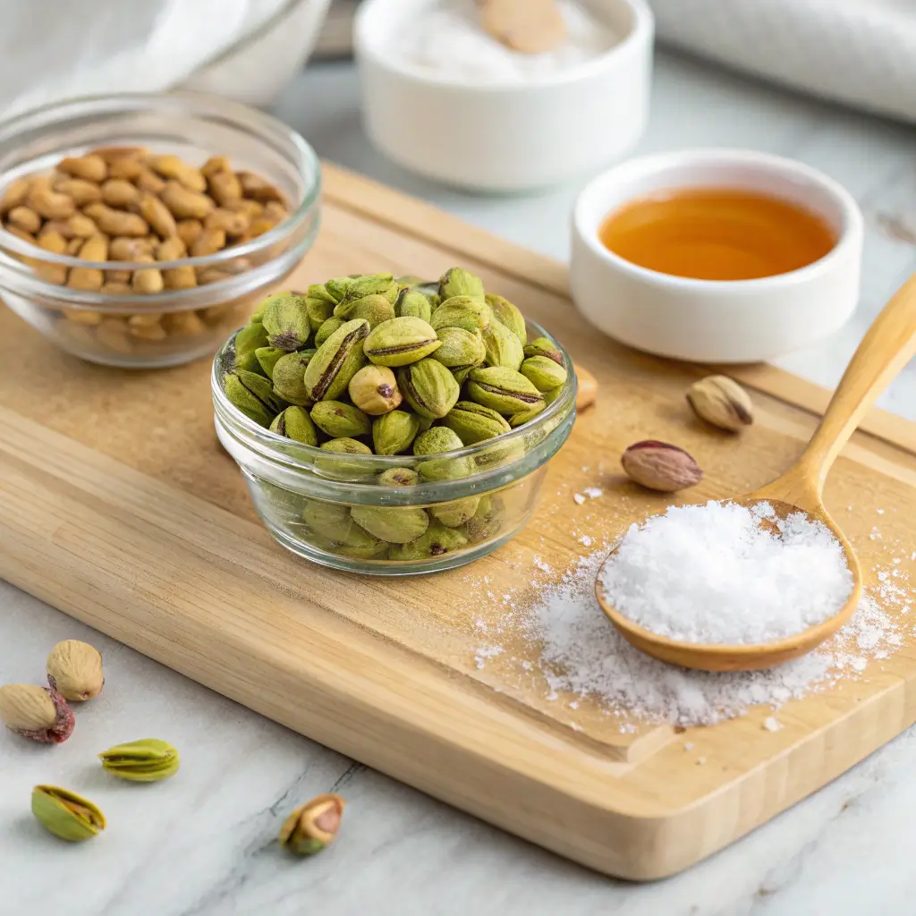 Raw ingredients for homemade pistachio butter including shelled pistachios and optional add-ins