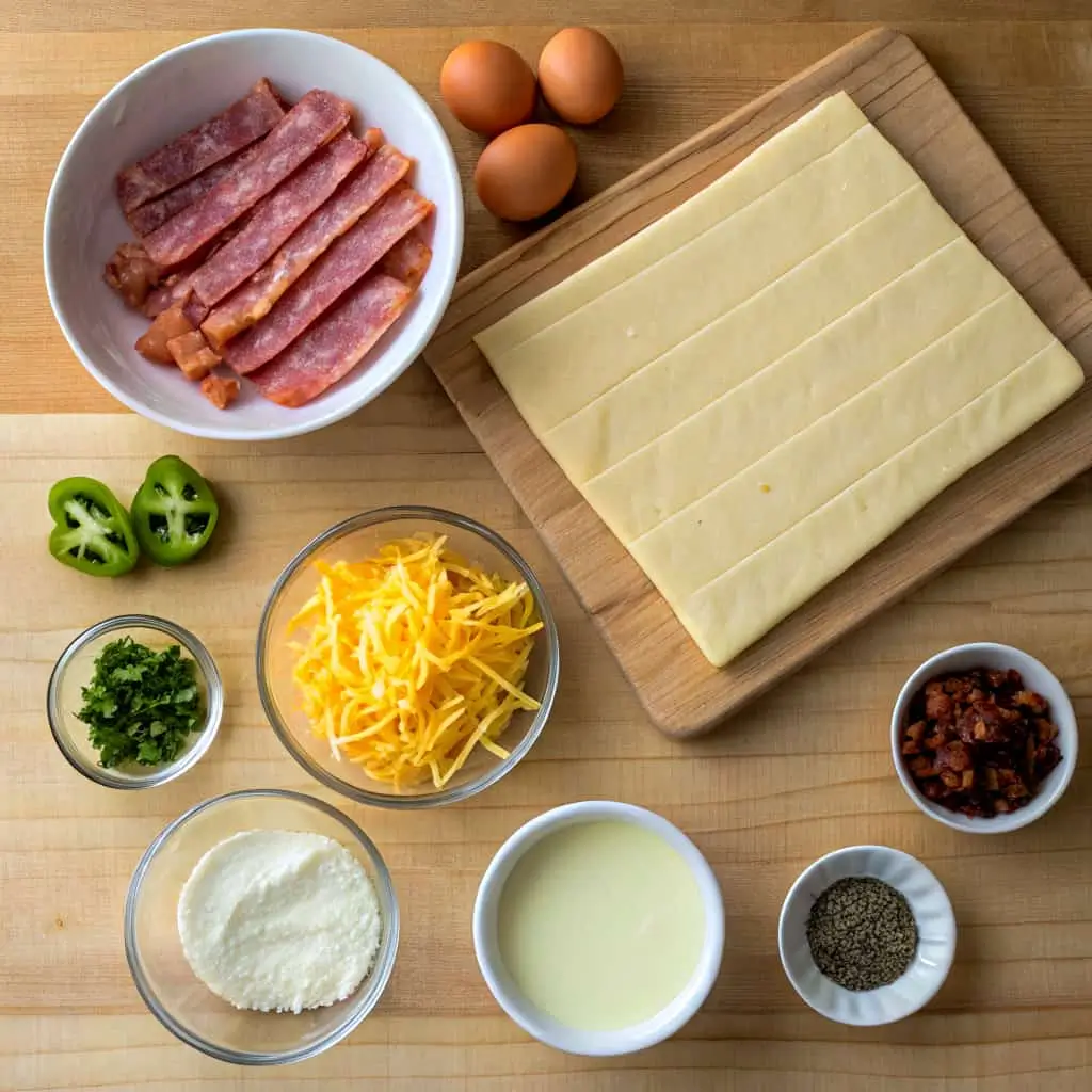 Flat lay of ingredients for Alabama Hot Pockets: puff pastry, sausage, bacon, cheeses, onion, jalapeño, egg, milk, salt, and pepper.