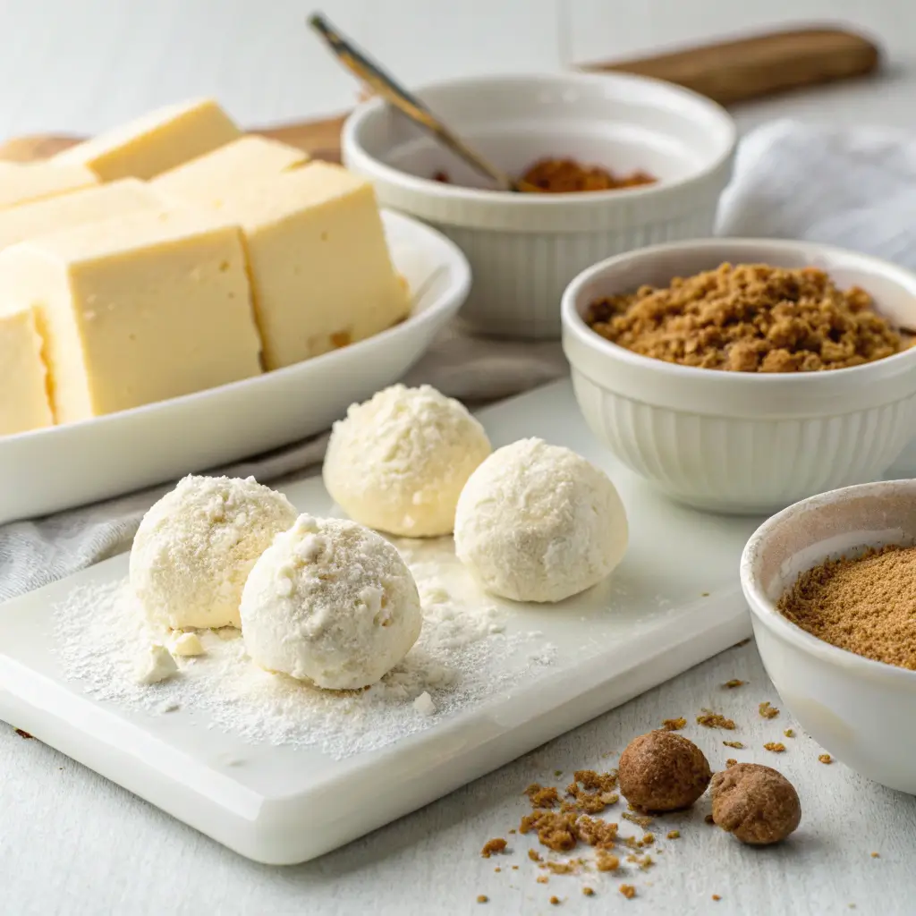 Ingredients for no-bake cheesecake balls recipe : cream cheese, powdered sugar, vanilla extract, and graham cracker crumbs on a white dish.