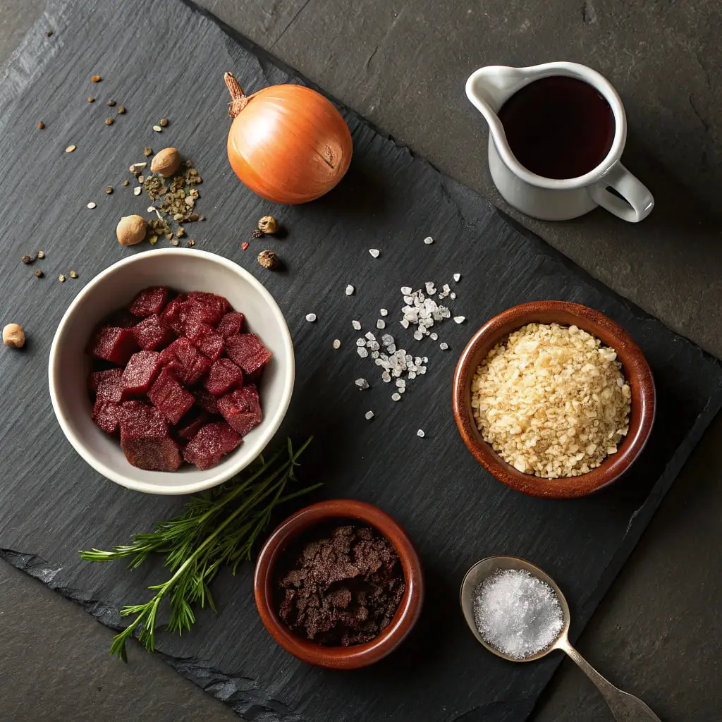 Key black pudding ingredients: pig's blood, diced back fat, steel-cut oats, and spices arranged on a slate surface for a homemade recipe
