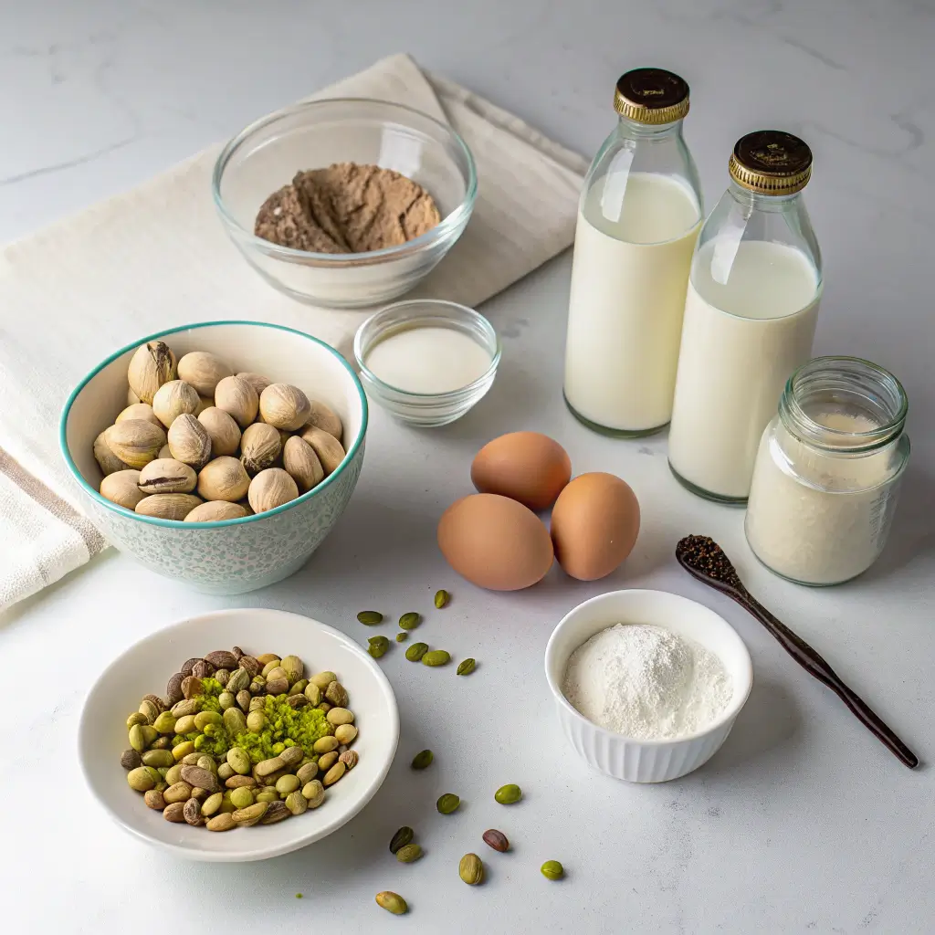Ingredients for pistachio ice cream recipe including pistachios, cream, sugar, and eggs laid out on a kitchen counter.