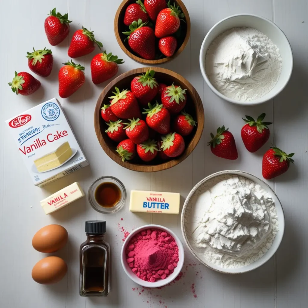 Ingredients for Strawberry Dream Cake including fresh strawberries, cake mix, cream cheese, and freeze-dried strawberry powder