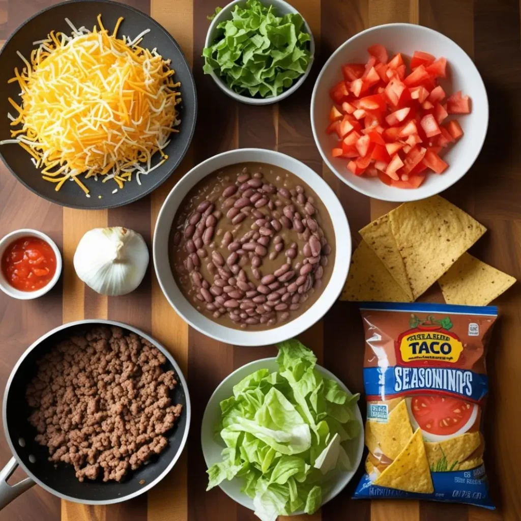 Overhead view of taco pizza ingredients laid out on a wooden counter, including ground beef in a skillet, bowls of shredded cheese and refried beans, fresh vegetables, and crushed tortilla chips.