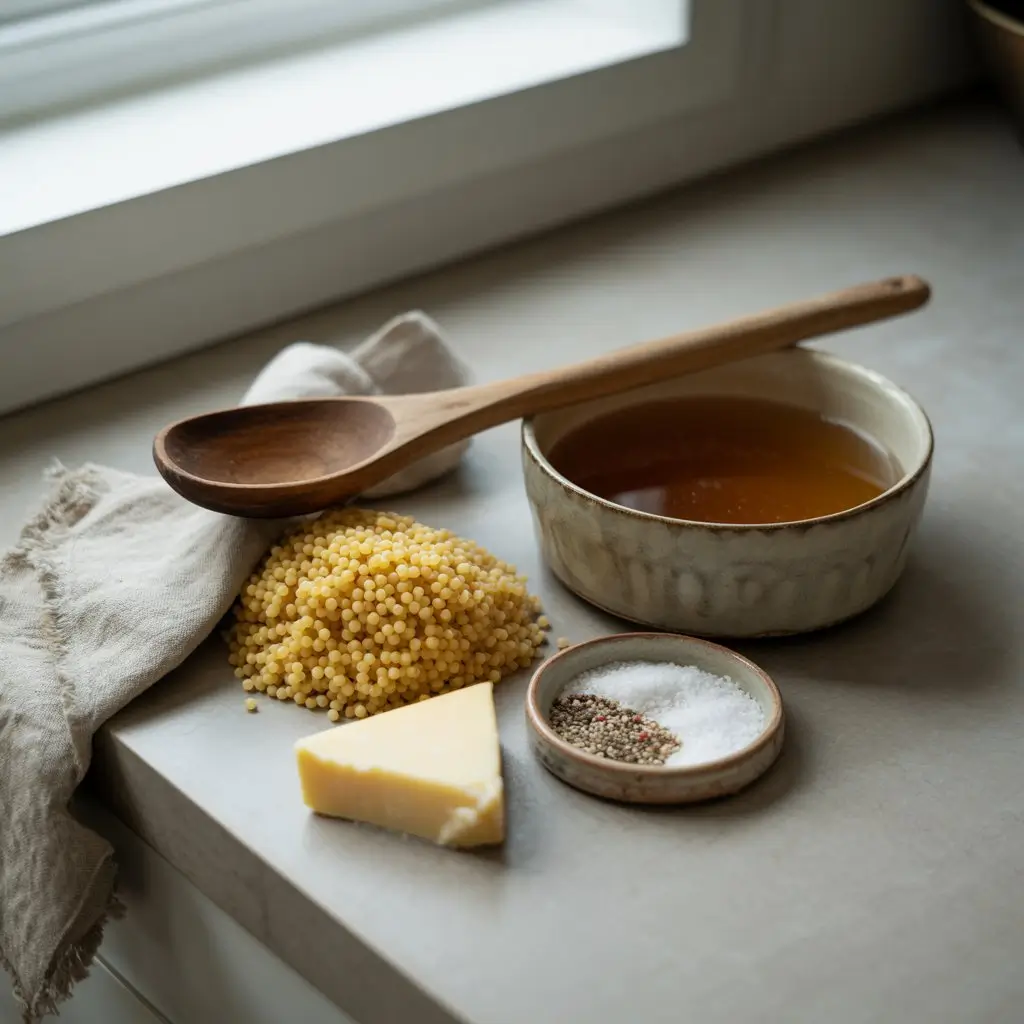 Ingredients for easy pastina recipe including star-shaped pasta, butter, Parmesan cheese, chicken broth, and seasonings.