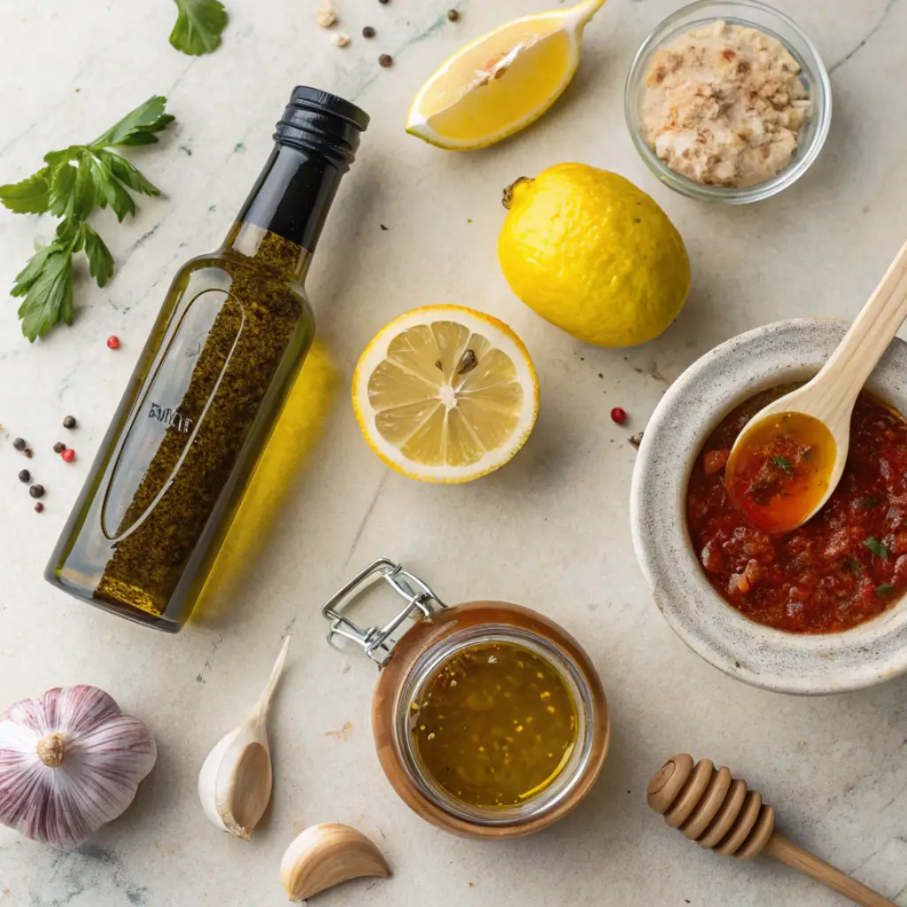 Ingredients for harissa vinaigrette laid out casually, the essential sauce that ties together a harissa chicken bowls