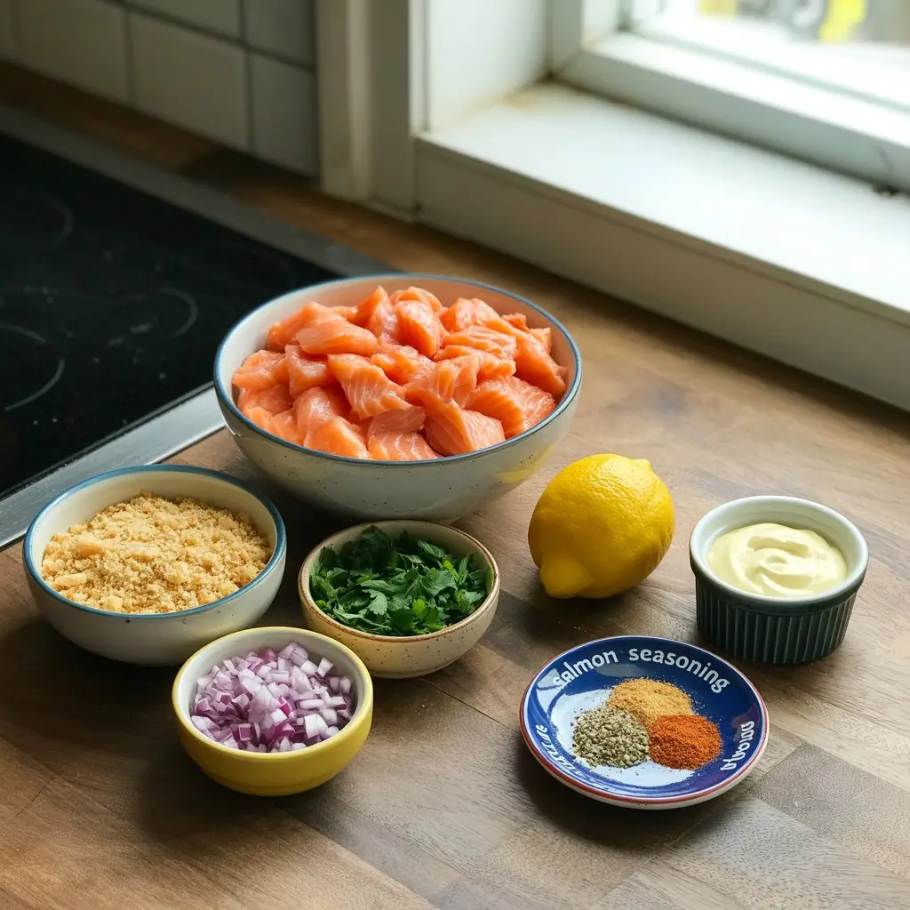 Ingredients for salmon cakes recipe displayed on a kitchen counter, including salmon, eggs, panko, and herbs.
