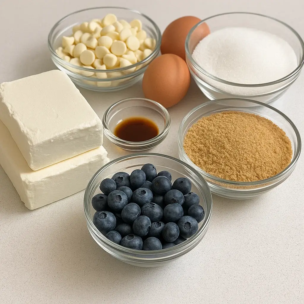 Ingredients for white chocolate blueberry cheesecake on kitchen counter