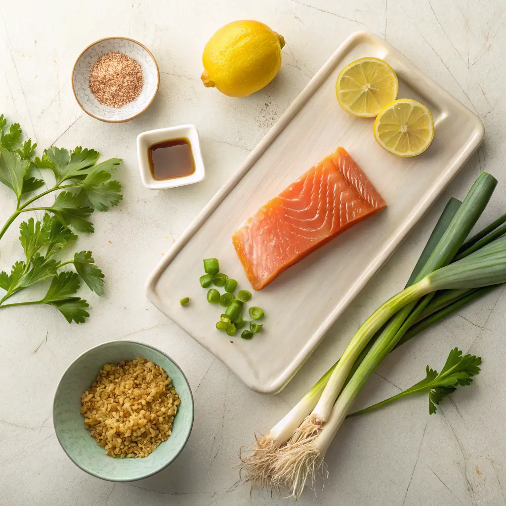 Flat lay of Fresh Salmon Dish Ingredients including sushi grade salmon, leek, yuzu, serrano pepper, cilantro, and fried leeks for a salmon crudo recipe.