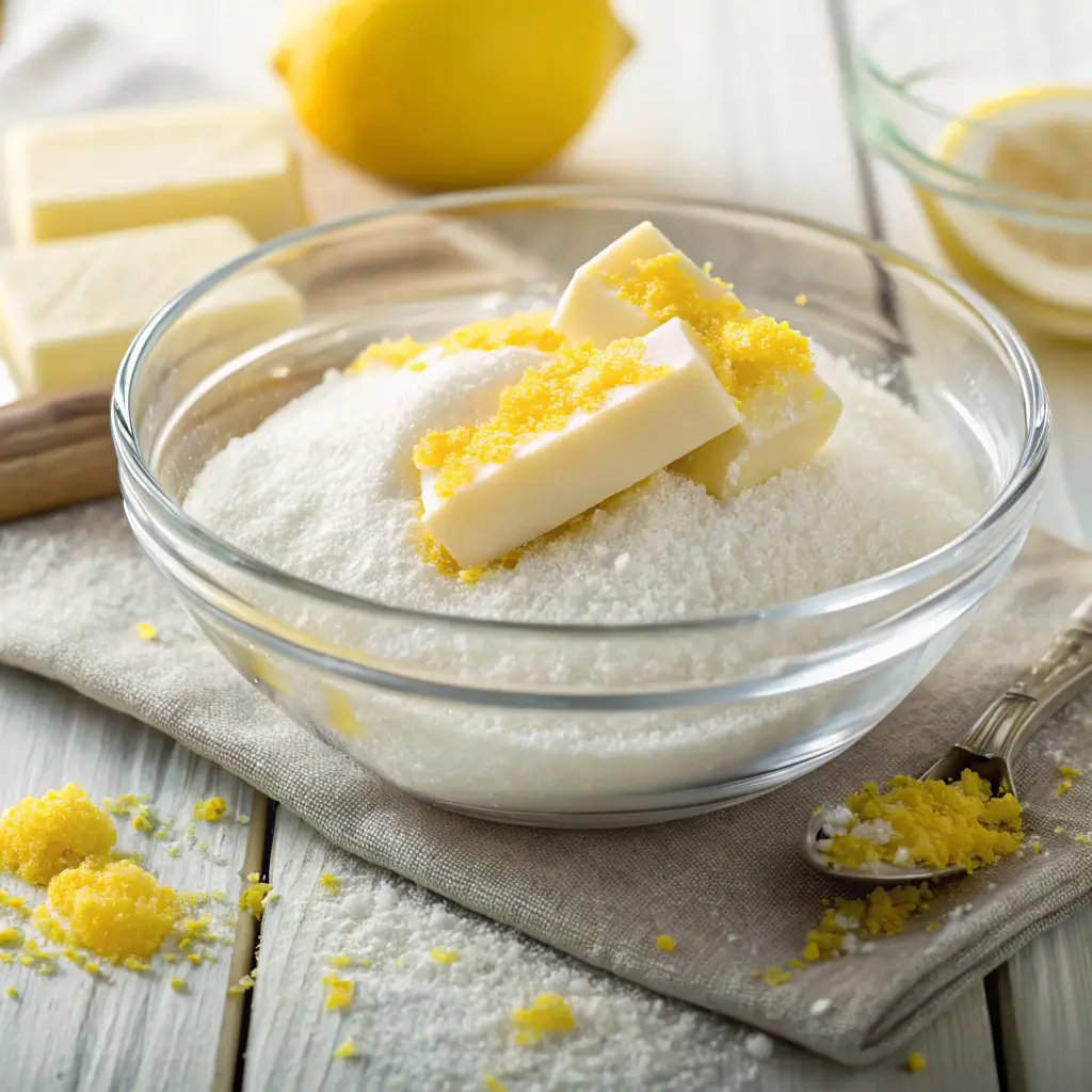 High-angle close-up of a clear glass mixing bowl filled with granulated sugar, two sticks of butter, and generously sprinkled fresh lemon zest. The bowl rests on a softly blurred, rustic wooden tabletop.