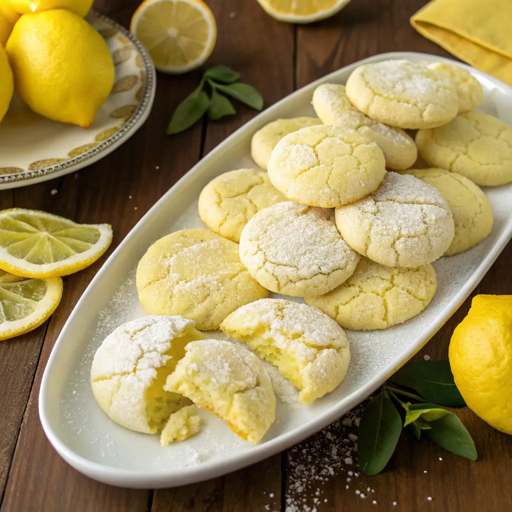 Lemon Sugar Cookies piled on a white platter with fresh lemon slices, one cookie featuring a bite taken, set against a dark wooden tabletop