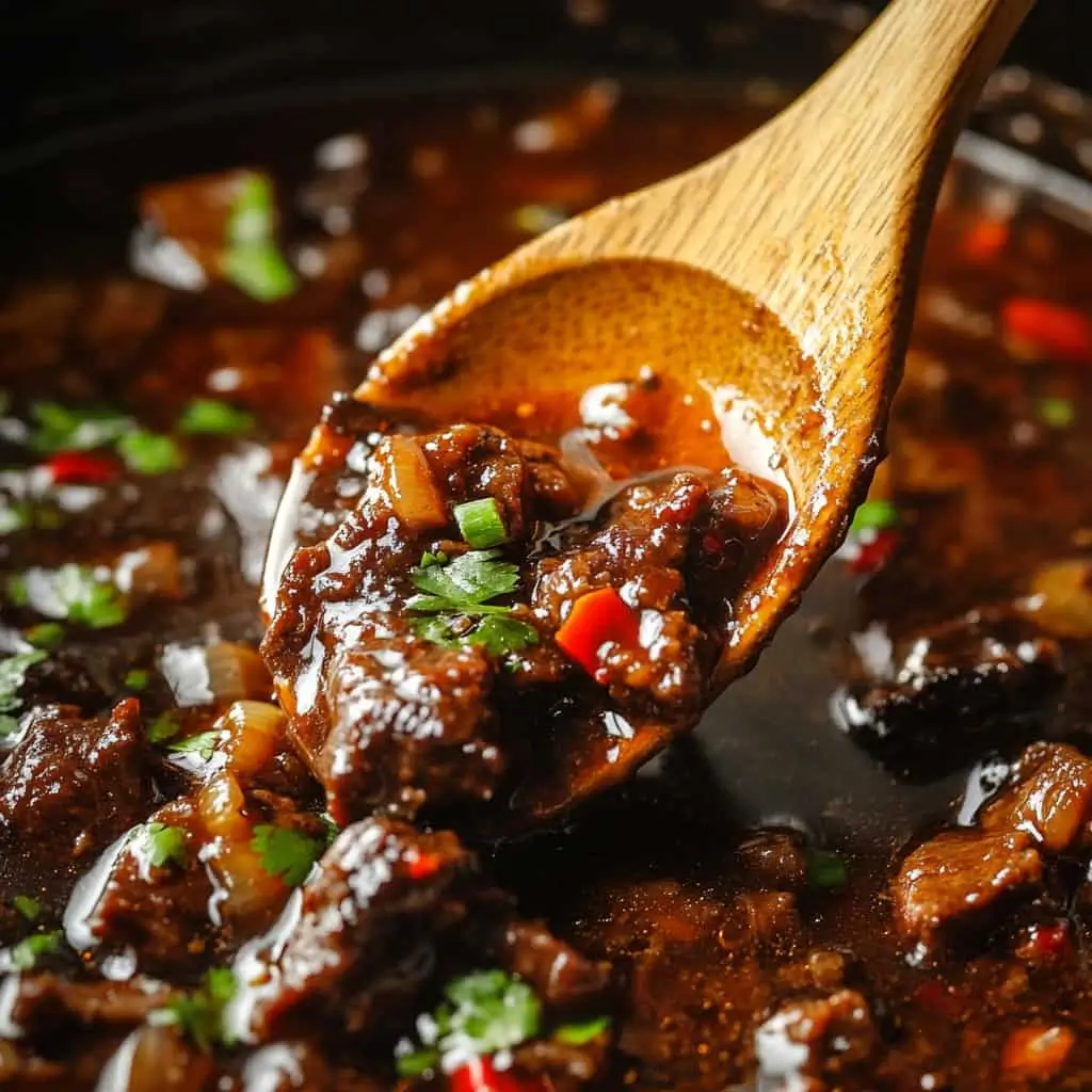 Perfect Chinese braised beef sauce showing ideal glossy consistency coating the back of a spoon