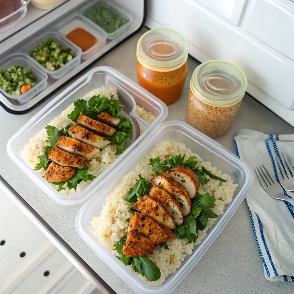 Meal prep containers filled with harissa chicken bowls components, ideal for planning healthy meals ahead.