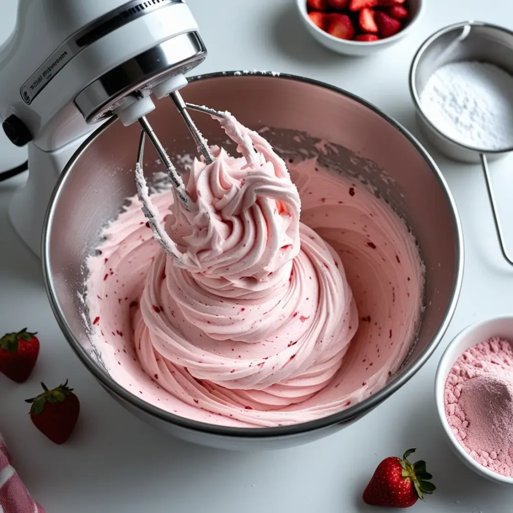 Creamy strawberry cream cheese frosting with freeze-dried strawberries for decorating a homemade strawberry dream cake