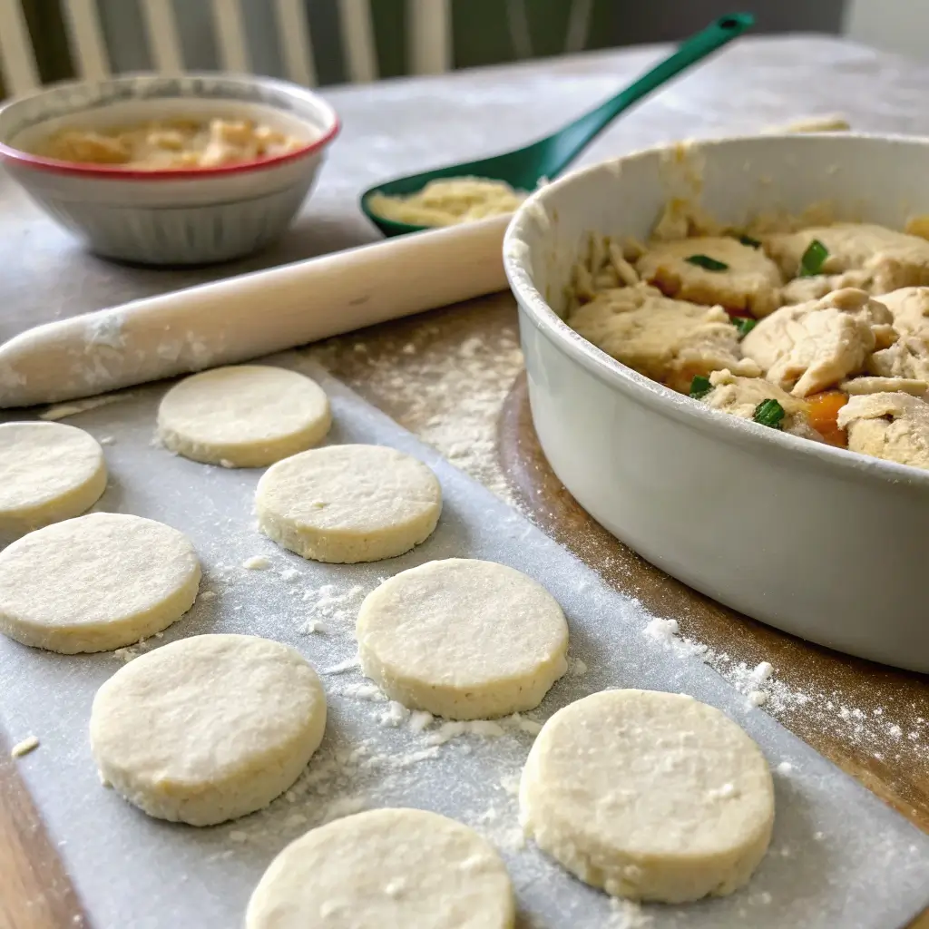 Biscuit dough rounds being cut and placed on chicken cobbler filling in a baking dish.