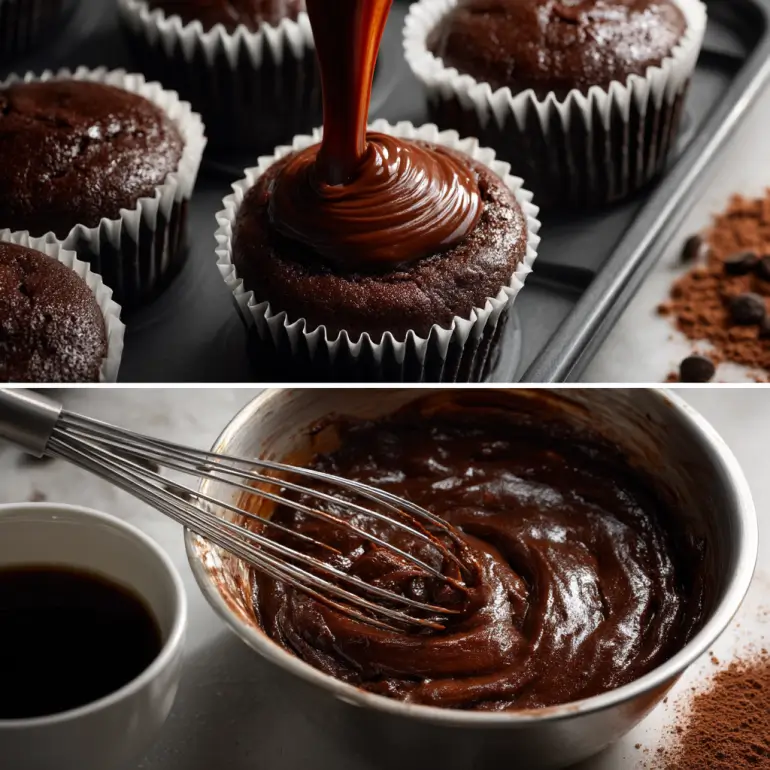 Homemade chocolate cupcakes for chocolate covered strawberry cupcakes recipe being prepared with rich cocoa batter