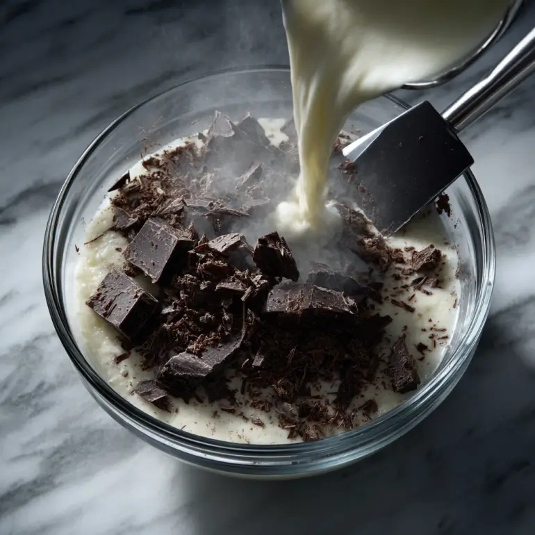 Preparing silky chocolate ganache topping for chocolate covered strawberry cupcakes recipe