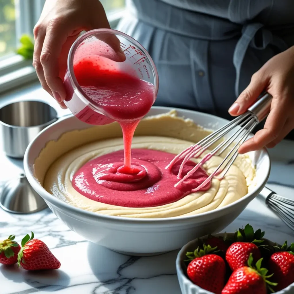 Making strawberry cake batter with fresh strawberry puree and freeze-dried strawberry powder