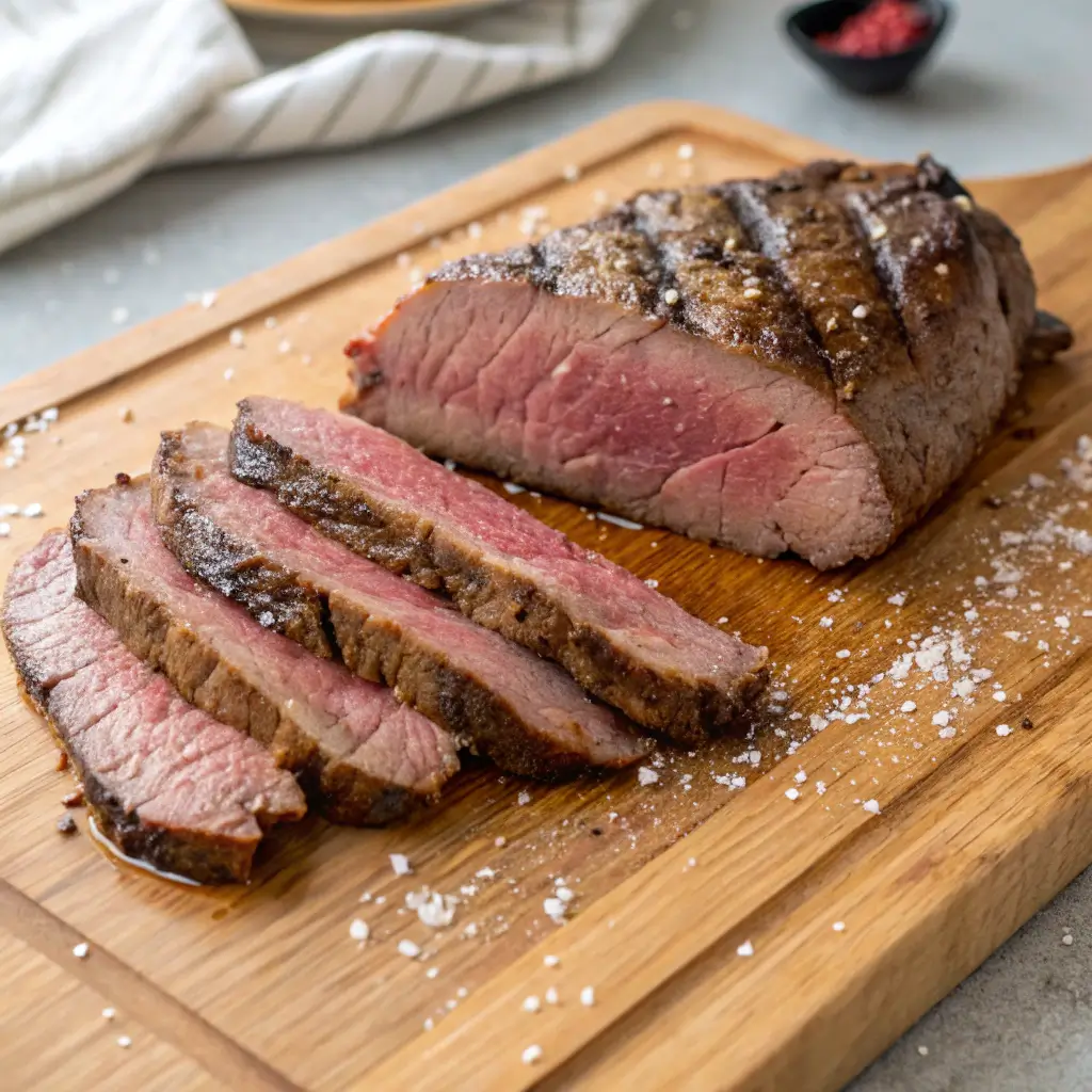 Close-up of thinly sliced medium-rare flank steak with a seared crust and flaky sea salt on a wooden cutting board.
