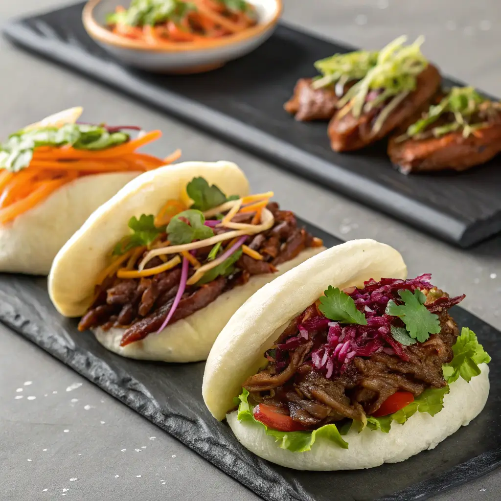 Modern Chinese braised beef serving ideas showing lettuce cups, bao buns and fusion tacos