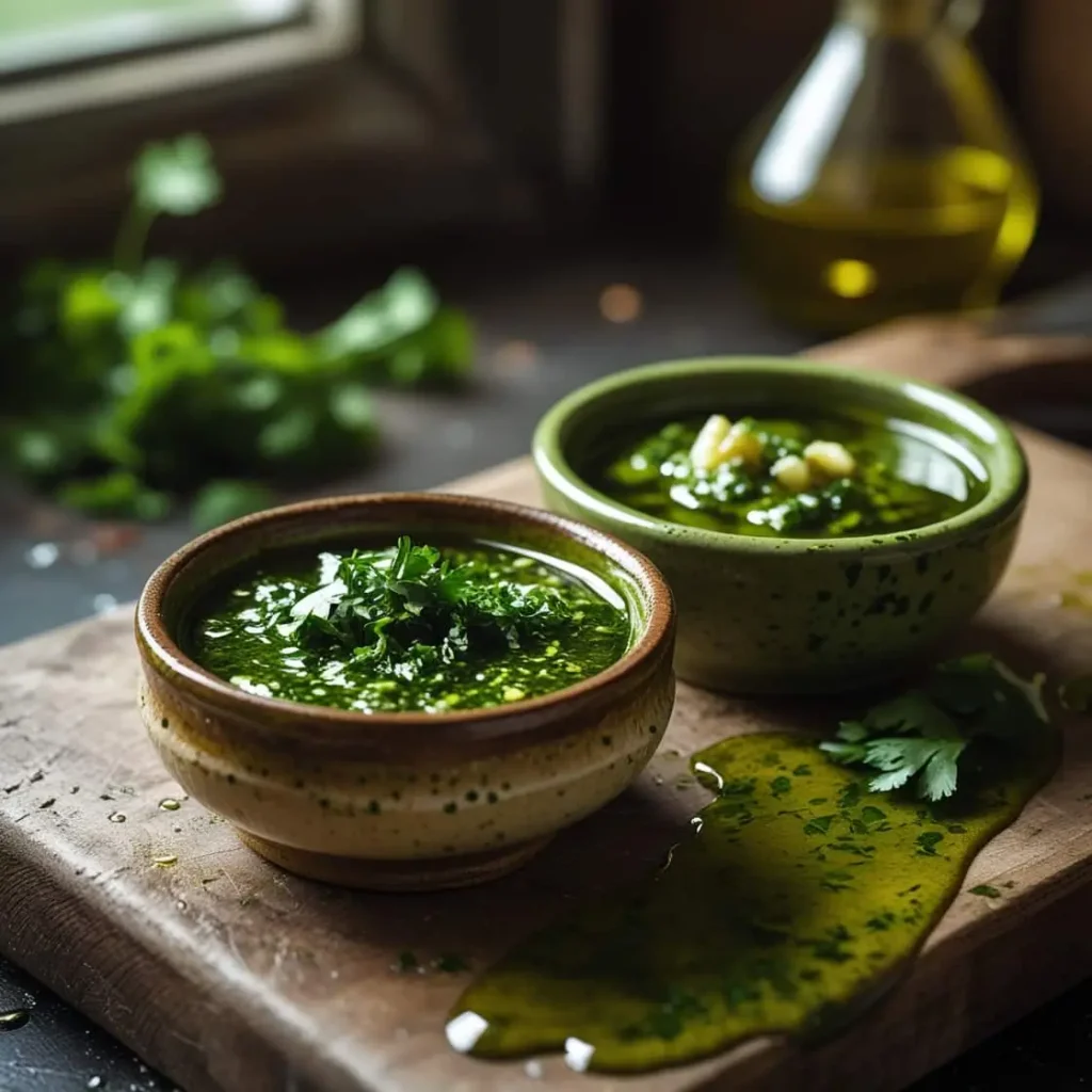 Comparison of chimichurri sauce textures: one bowl hand-chopped for a coarse Flank Steak with Chimichurri Sauce, the other food-processed for a finer blend