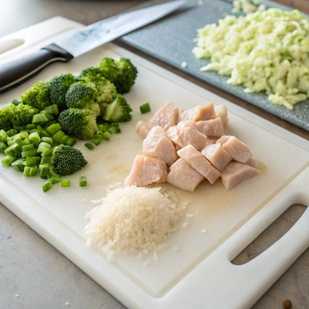 Preparation of key ingredients for chicken broccoli rice casserole showing diced chicken, broccoli florets being cut, and rice being rinsed