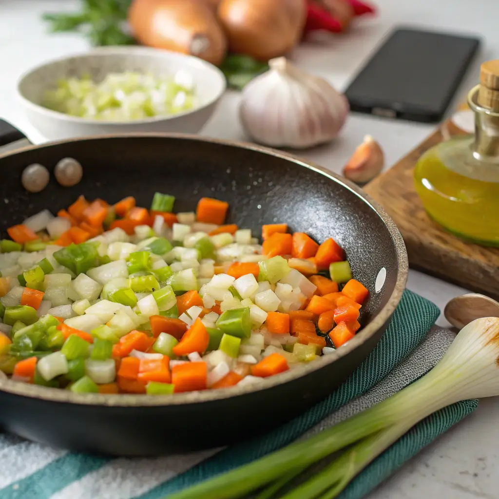 Skillet with onions, carrots, and celery sautéing in butter for chicken cobbler filling.