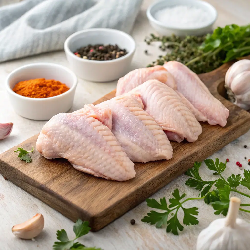 Raw chicken wings with seasoning and fresh herbs ready for cowboy butter chicken wings recipe preparation.