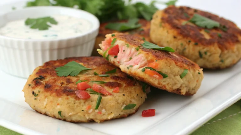 Close-up of crispy homemade salmon cakes on a white plate with tartar sauce and lemon, made using the best salmon cakes recipe.