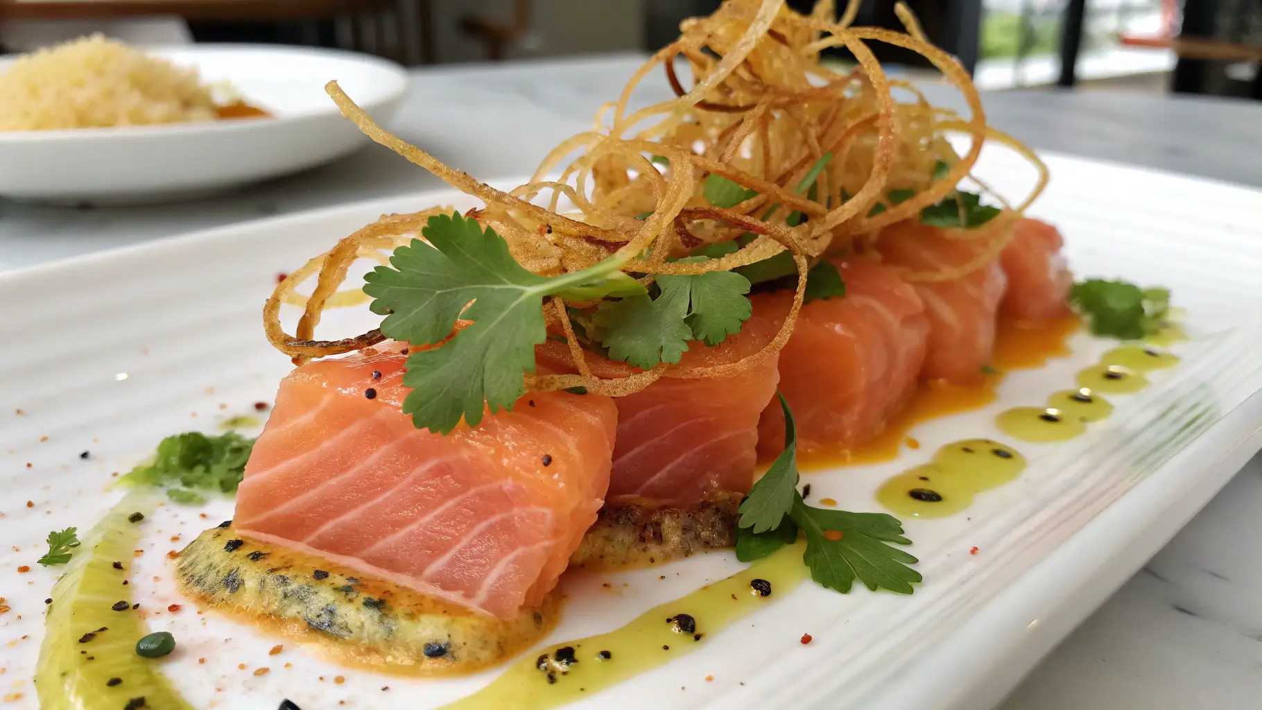 Close-up of a vibrant Salmon Crudo Recipe with crispy fried leeks, fresh cilantro, and thin serrano slices, showcasing sushi grade salmon under natural light.