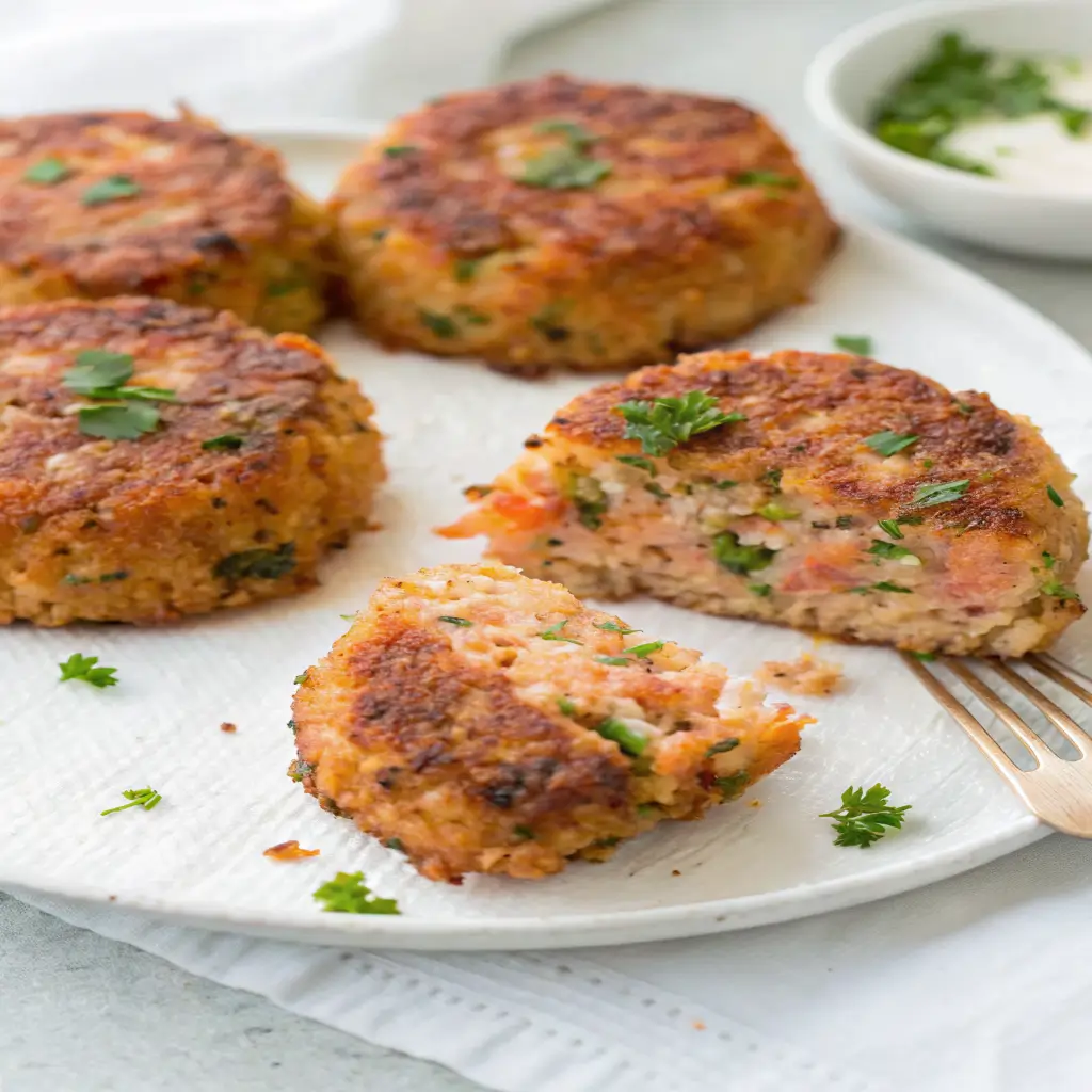 Moist, flaky salmon cake sliced open on a plate, highlighting the texture of this salmon cakes recipe.