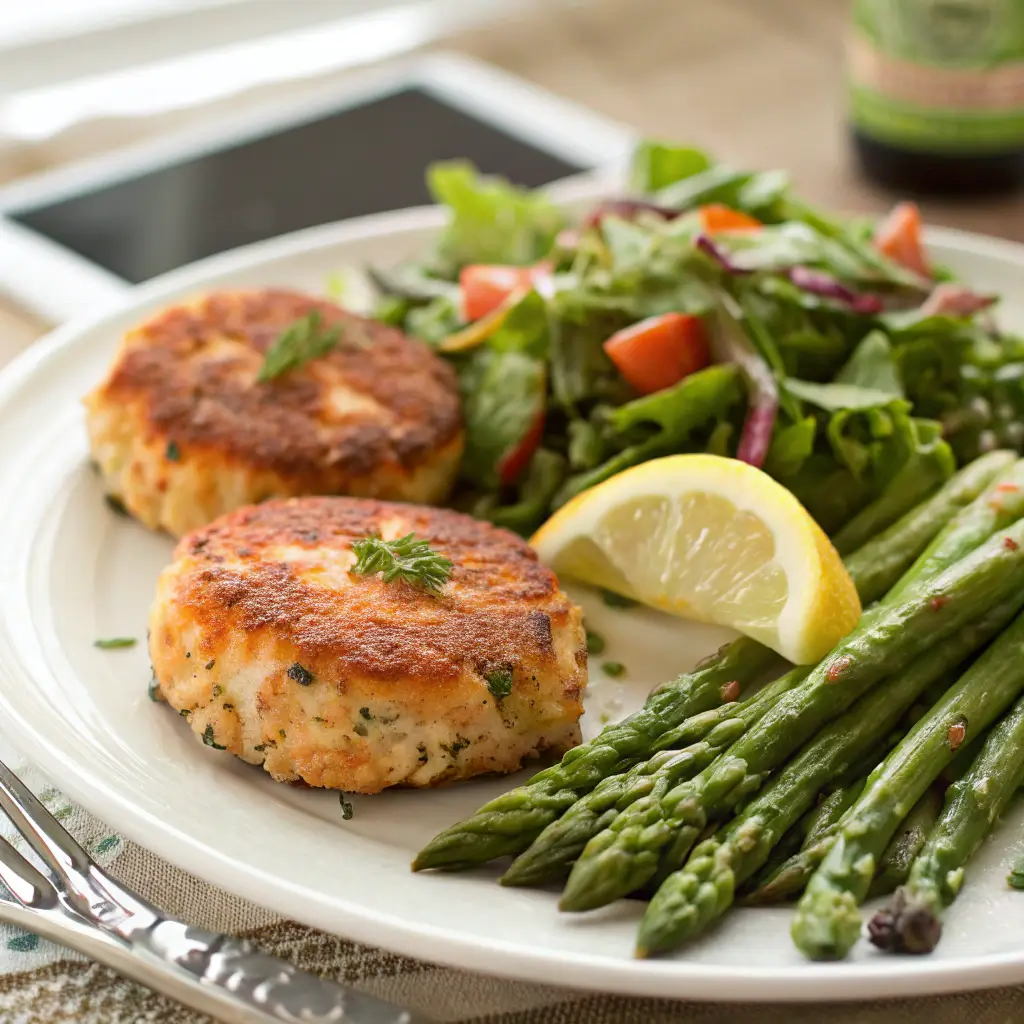 Salmon cakes recipe served with salad and roasted asparagus on a plate.
