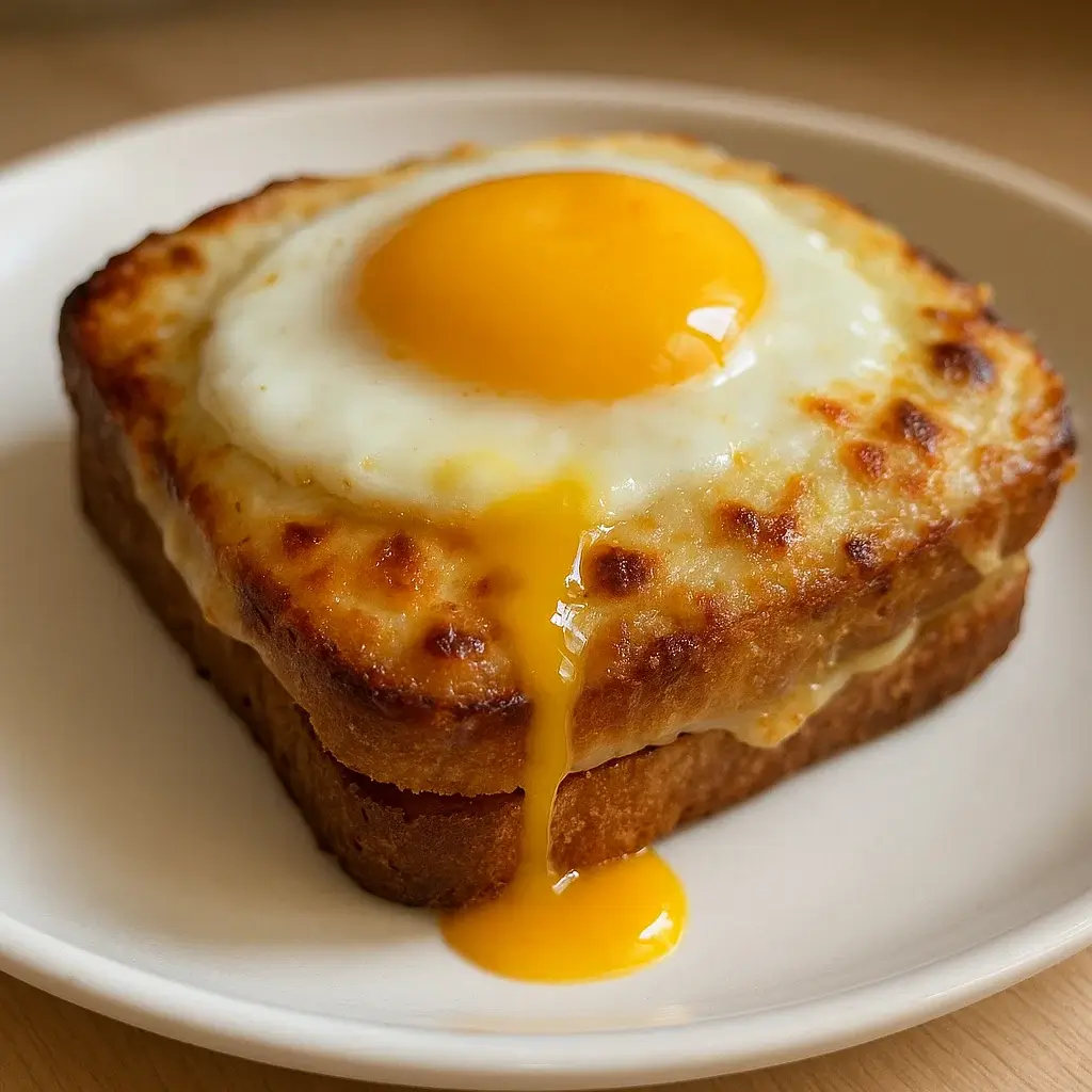 Close-up of finished Croque Madame recipe topped with fried egg and melted cheese on white plate.