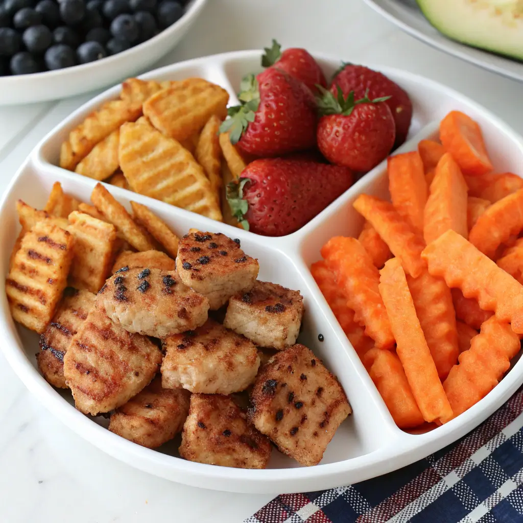 Ideas for what to serve with Chick Fil A grilled nuggets: a plate with nuggets, waffle fries, and fresh fruit.