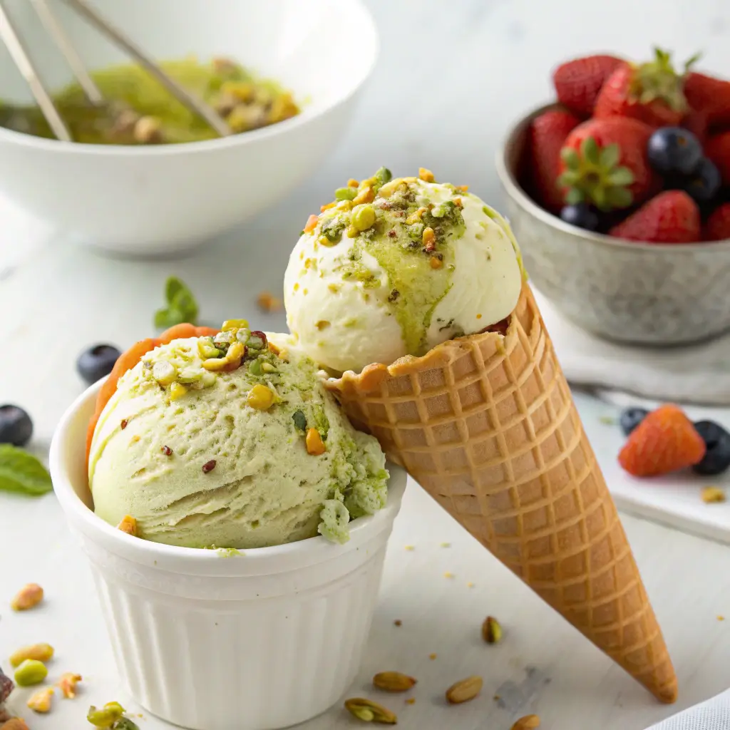 Served pistachio ice cream in waffle cone and bowl with chopped pistachios and fresh berries.