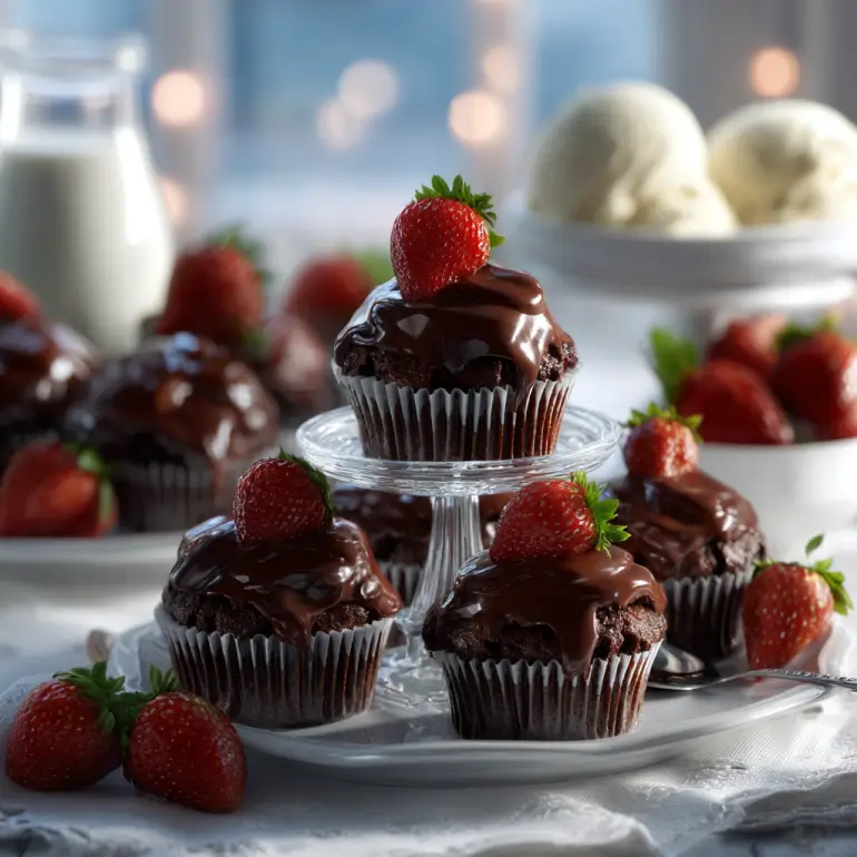 Chocolate covered strawberry cupcakes elegantly presented on a tiered stand with champagne, coffee, milk, and fresh strawberries for the perfect Valentine's Day dessert pairing