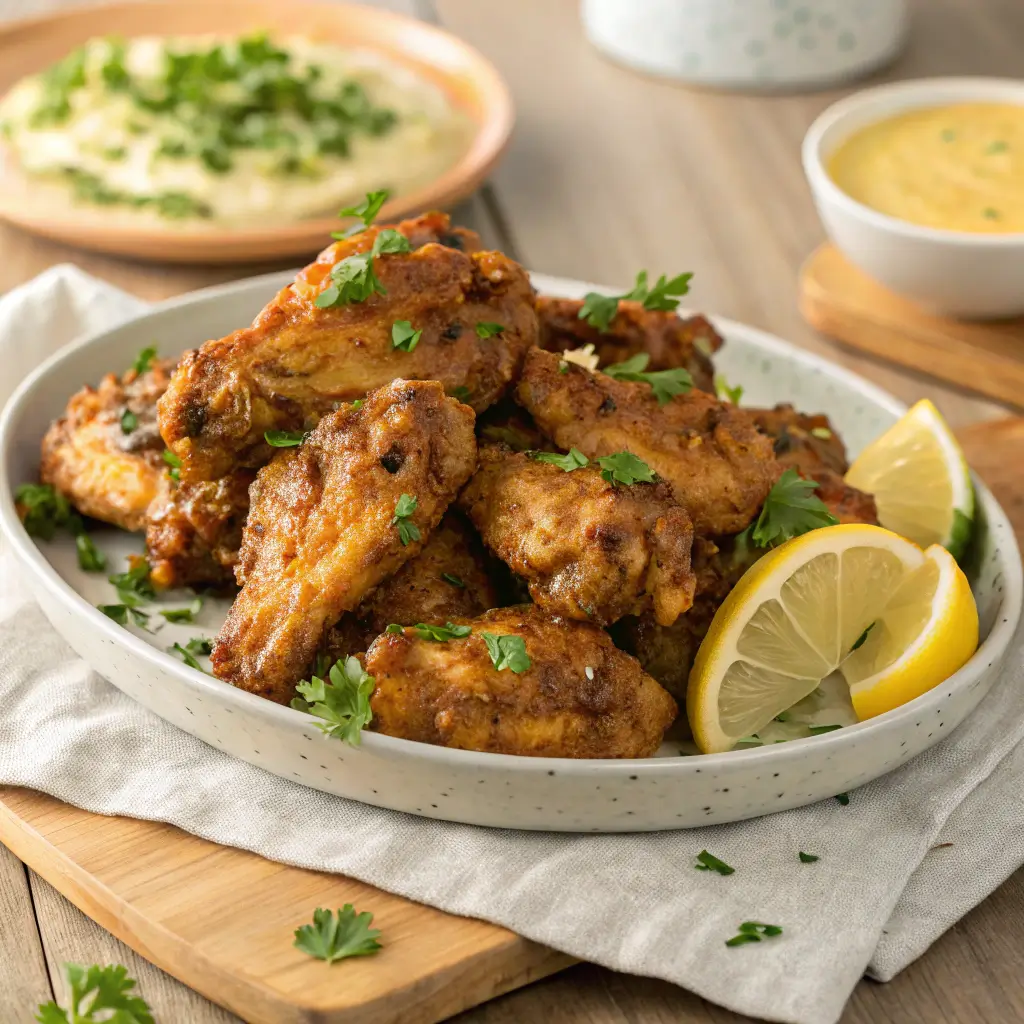 Golden crispy cowboy butter chicken wings garnished with parsley and lemon wedges served on rustic platter.