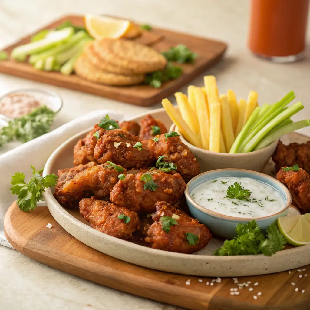 Crispy cowboy butter chicken wings served with ranch and blue cheese dips, fresh celery and carrot sticks, crispy fries, and a glass of juicy orange juice for perfect pairings and serving suggestions.