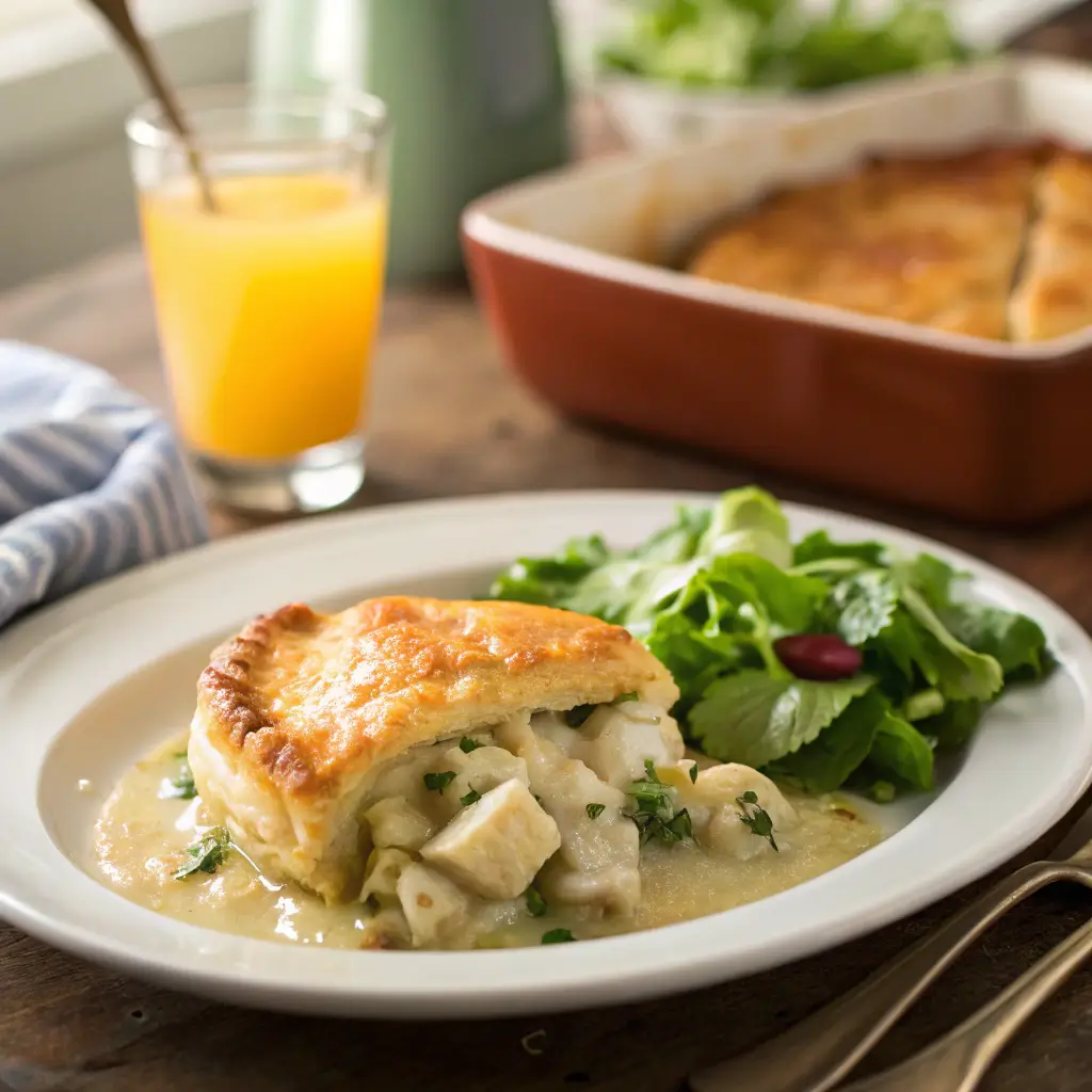 Serving of chicken cobbler on a plate with green salad and a glass of juicy.