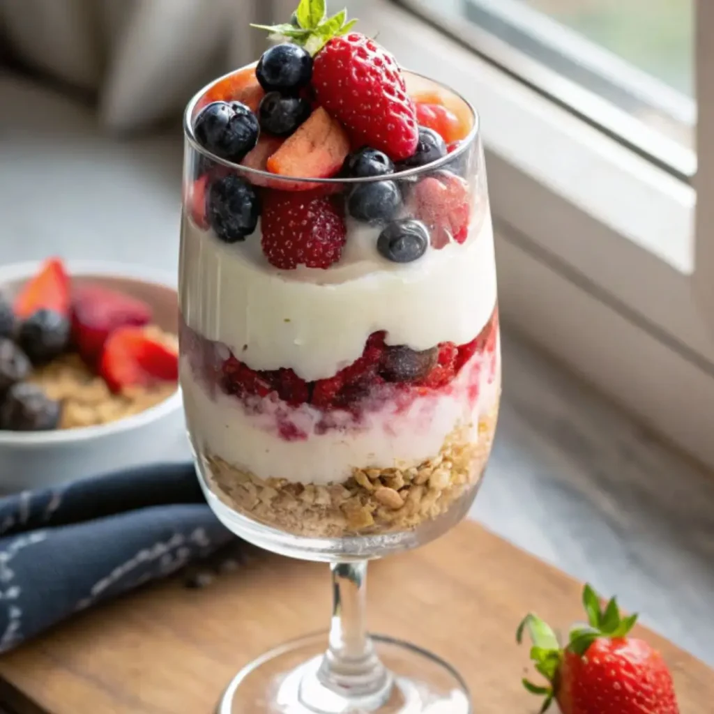 Elevated Cheesecake Fruit Salad served parfait-style in a tall glass with layers of cream and fruit, natural light