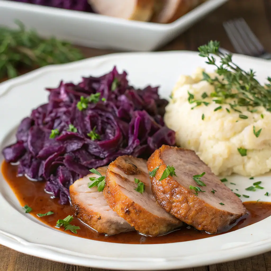 Braised purple cabbage recipes paired with roasted pork for a delicious dinner.
