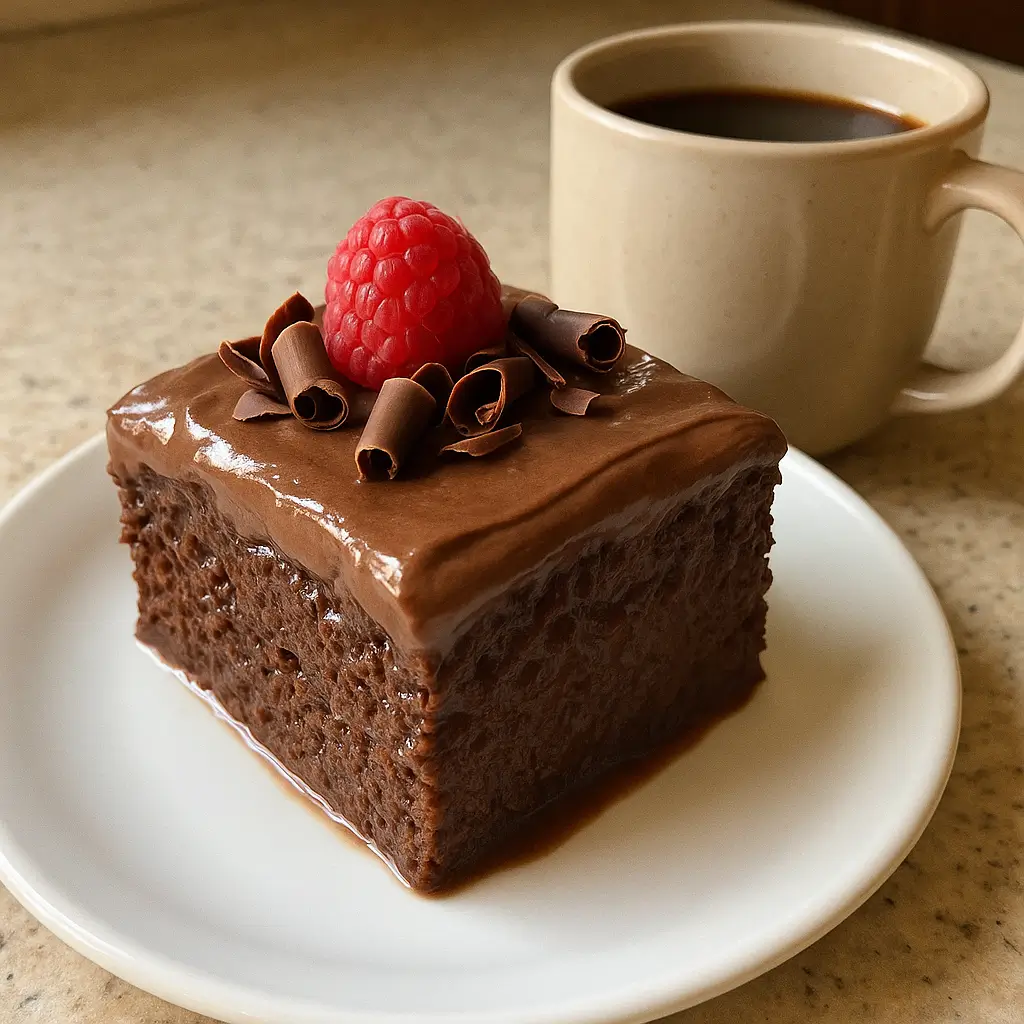 Slice of Chocolate Tres Leches Cake served with Mexican coffee and elegant garnishes.