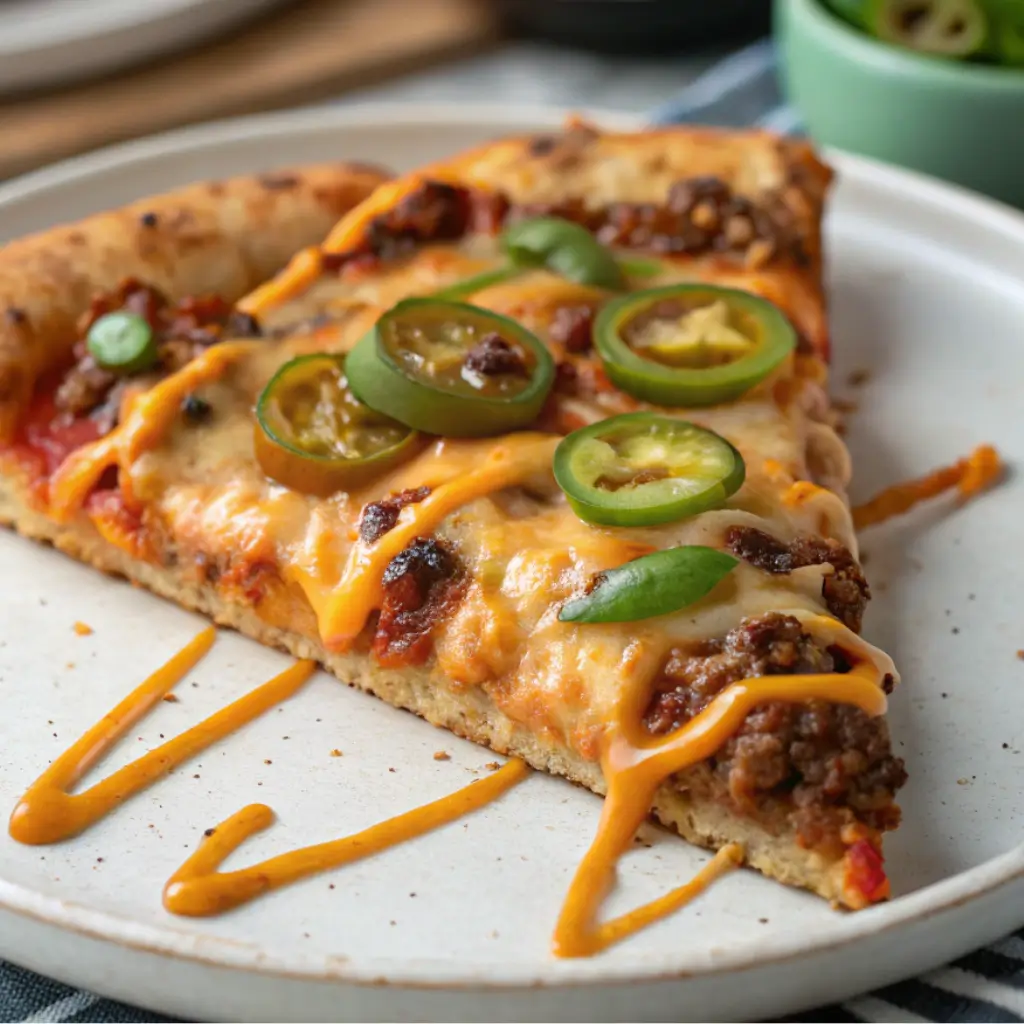 Close-up of a spicy taco pizza slice with jalapeños, chipotle drizzle, and melted cheese on a plate, natural home lighting and table.