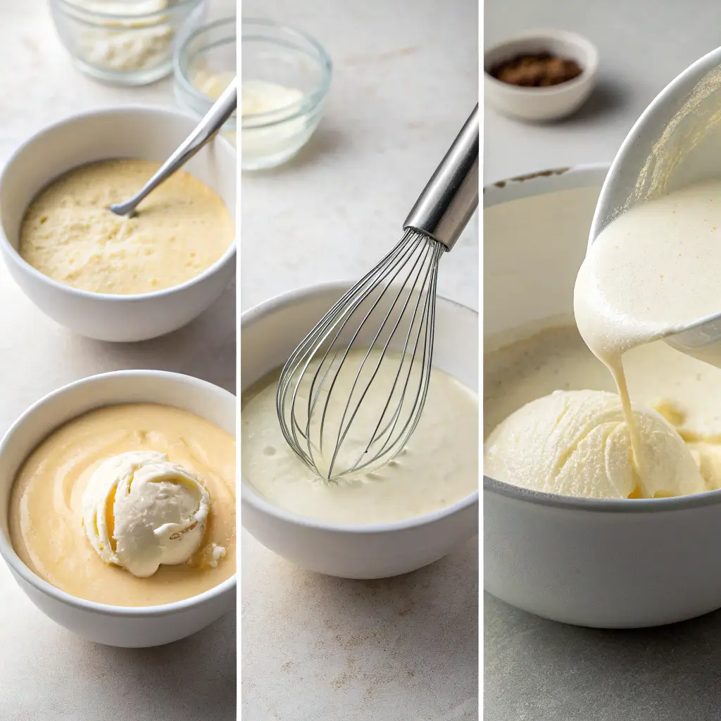 Step-by-step process of making vanilla ice cream, from warming the cream to pouring the chilled base into the machine.