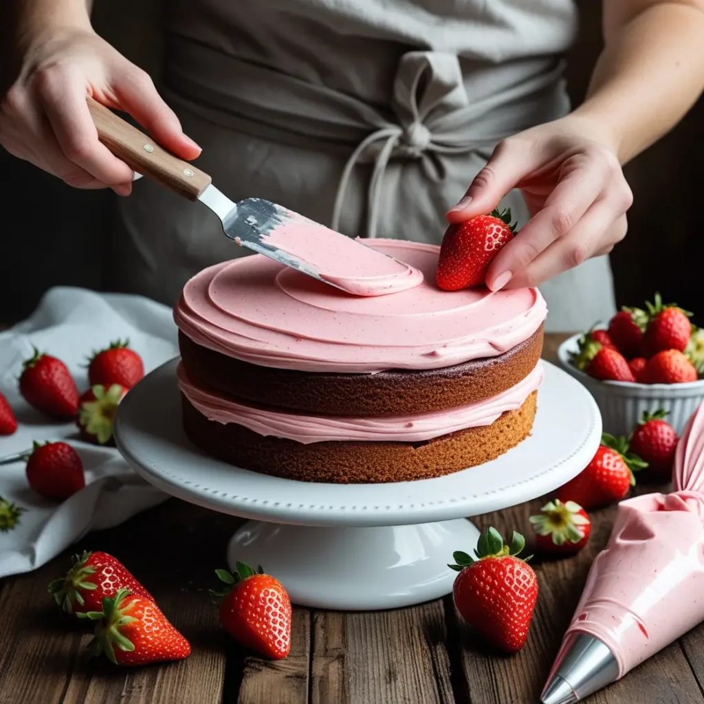 Step-by-step strawberry dream cake assembly showing how to layer strawberry cake with creamy frosting for a beautiful homemade dessert.