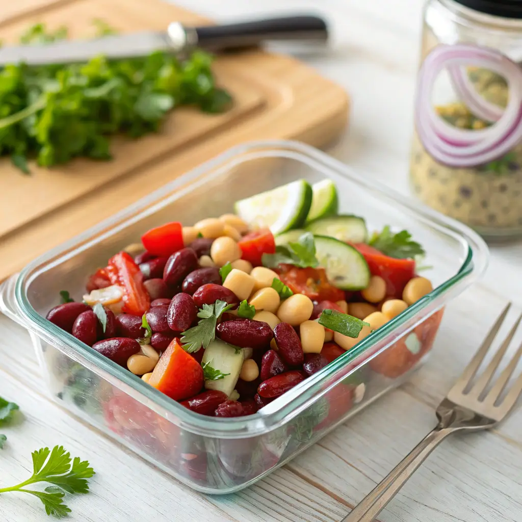 A glass container filled with a colorful bean salad made of kidney beans, chickpeas, cucumber, tomatoes, and red bell peppers, garnished with fresh parsley.